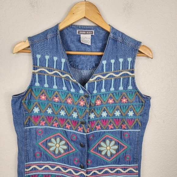 Sigrid Olsen Denim Embroidered Boho Vest Size 4 - Picture 5 of 10